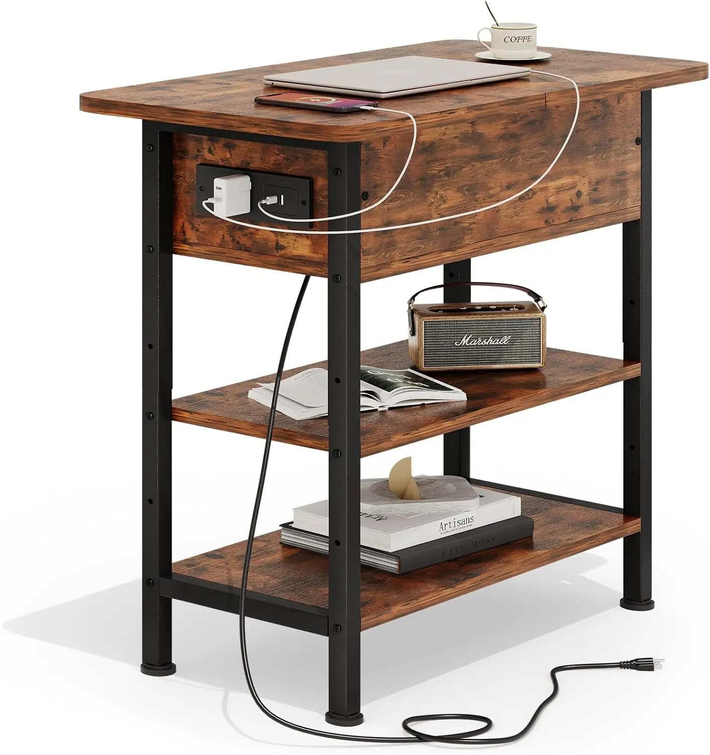 

Flip Top End Table with Charging Station, USB Ports & Outlets, 3-Tier Storage for Small Spaces, Brown