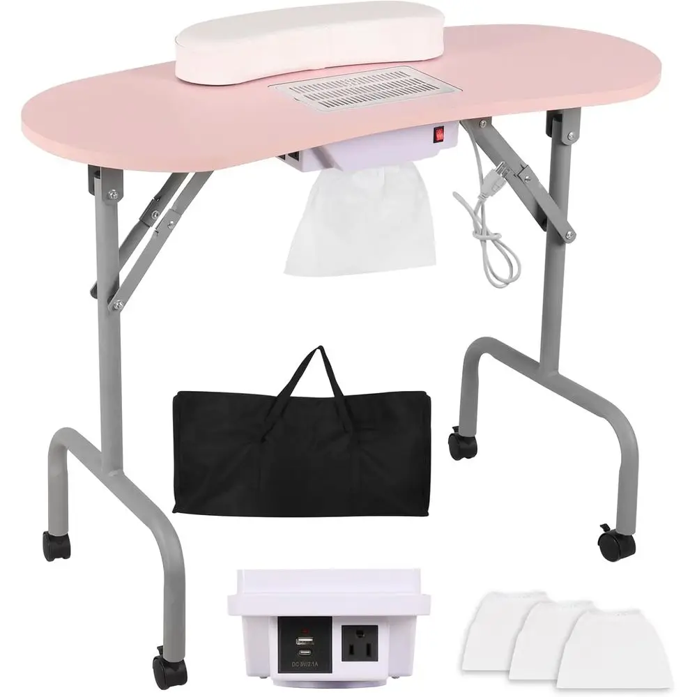 

Manicure Table Nail Desk with Charging Station & Dust Collector, Foldable Nail Tech Table for Technician Spa Salon Workstation w