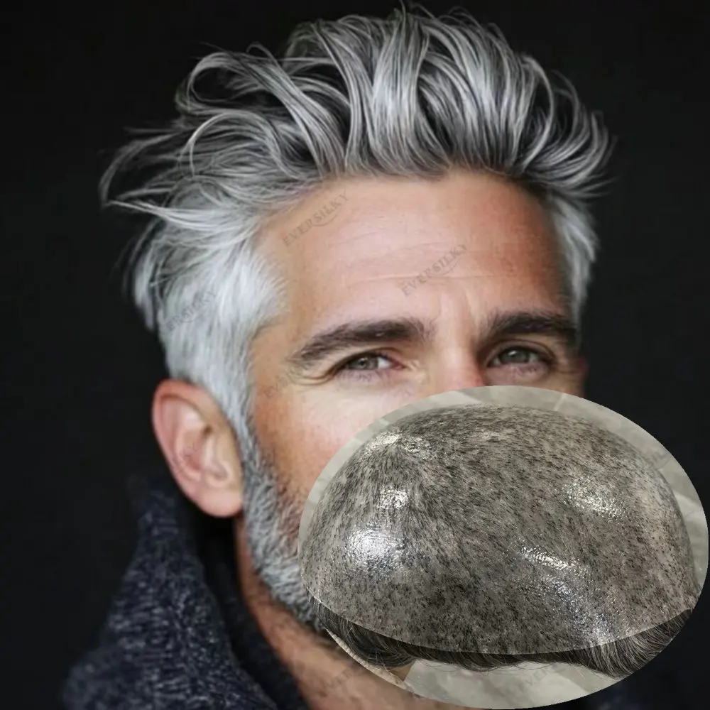 Male Hair Prosthesis Grey 1B40 1B50 1B80 Black Toupee for Men Human Hair Men's Wigs 0.1mm Injection Skin PU Hair Patch System