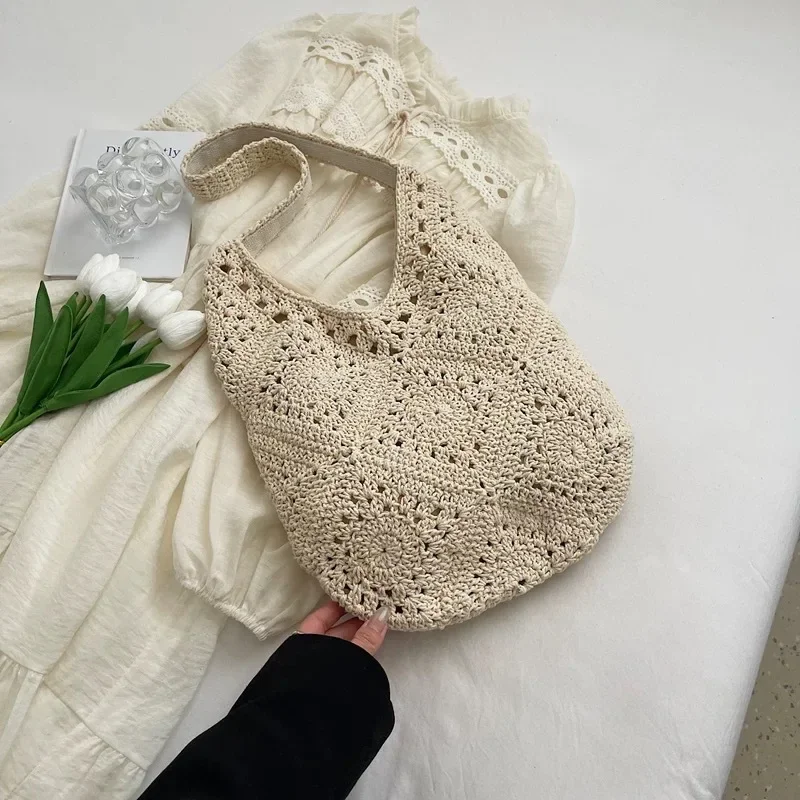 

Hollow flower woven bag stylish simple handbag crochet straw bag shoulder bag cotton thread commuter tote bag