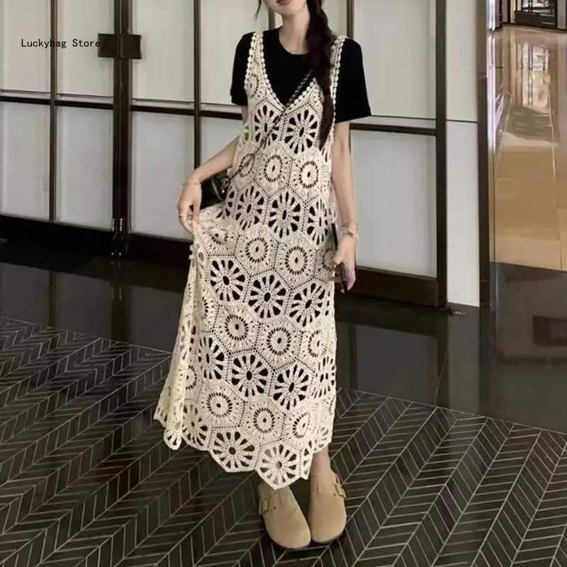 Women Hollow Out Crochet Geometric Flower Sleeveless Midi Long Dresses Beach Vacation Knitted Sheer Cover Up Dresses