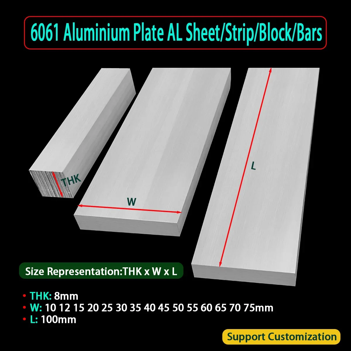 6061 Aluminum Alloy Strip Flat Bar Plate CNC Metal Thick8 Width10 12 15 20 25 30 35 40 45 50 55 60 65 70 75mm Length100mm