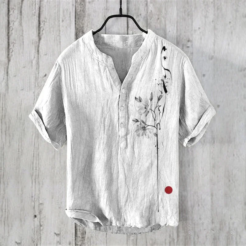 Vintage Clothes Men's Clothing Fashion Casul Shirts Print Short Sleeve Henry Shirt Tops Summer Mens Clothing 2024 Offer Cardigan