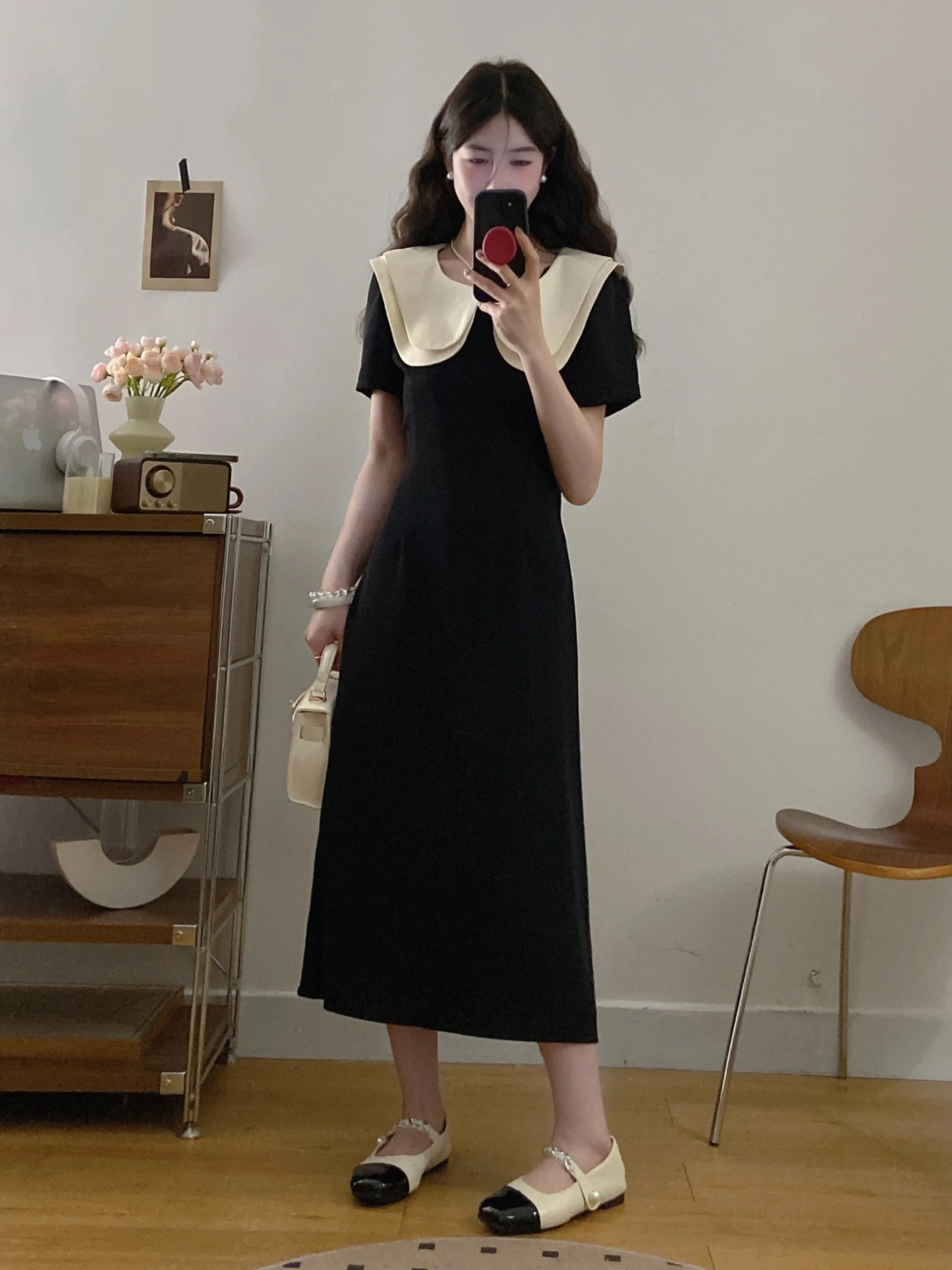 

Summer Casual High Waist A-Line Dress Color Block Contrast Doll Collar Long Black Dress Women's Fashion Elegant Slimming Gown