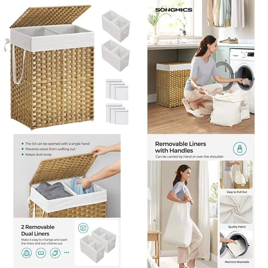 

Laundry Hamper with Lid, Cothes Hamper with 2 Removabe iner Bags, 6 Mesh Bags, Wicker Laundry Basket, Double Laundry Hamper for