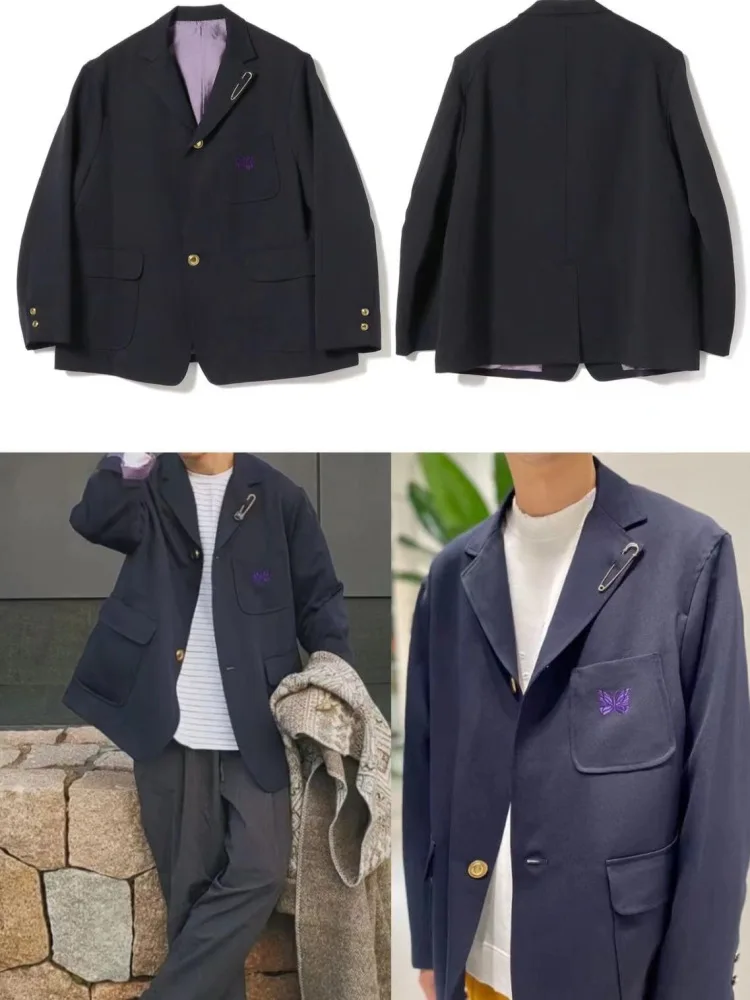 

Faionable Embroidered Pin Bae Casual Loose ex Jaet Coat Suit Trendy Urban Sle Long Sve round Hem Youth