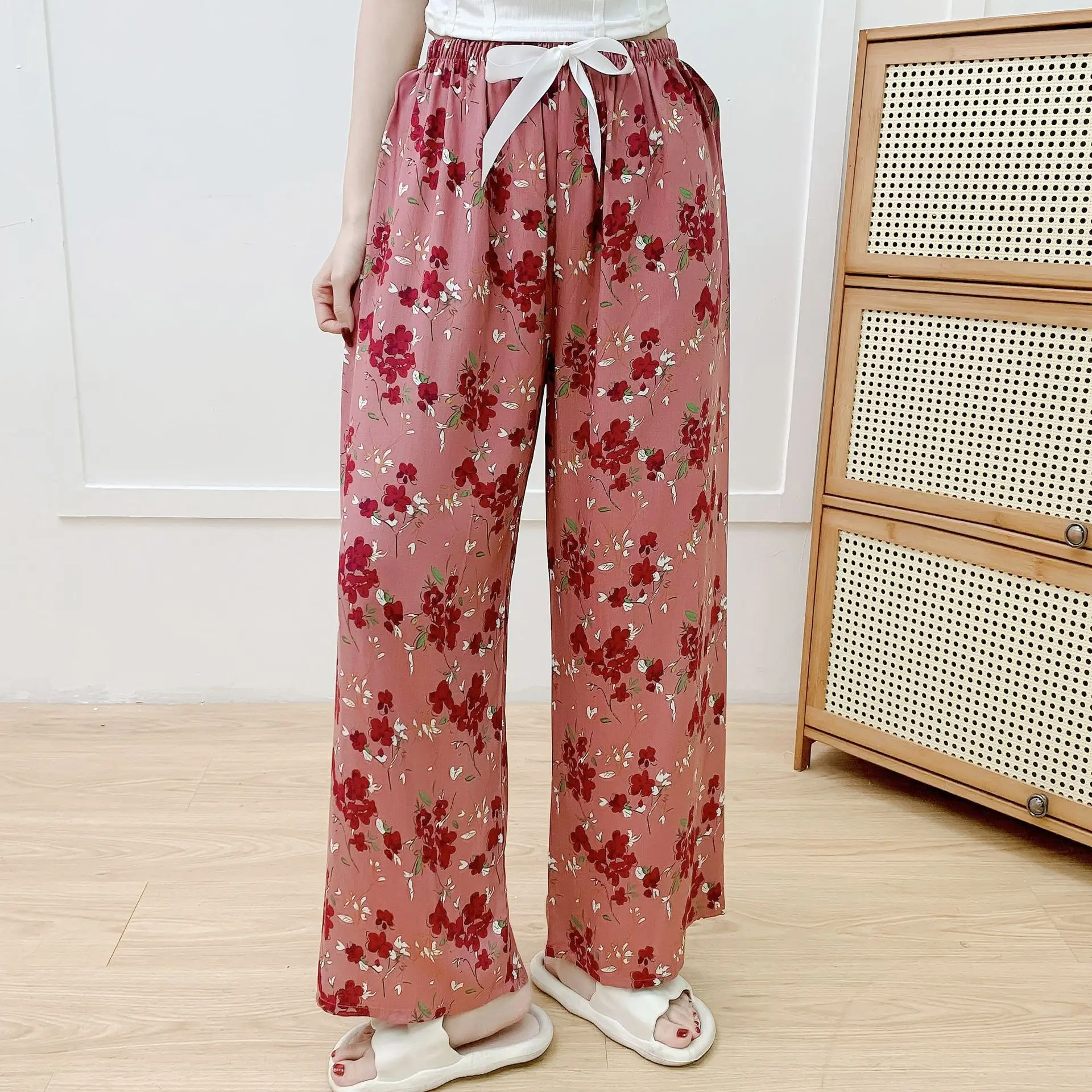 

New cotton silk pajamas women's summer rayon thin casual pants can be worn outside anti-mosquito plus size home pants women