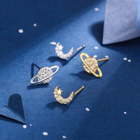 Versatile Exquisite Saturn And Moon Stud Earrings For Women Girls Zirconic Prrsonality Trendy Daily Party Jewelry Accessories