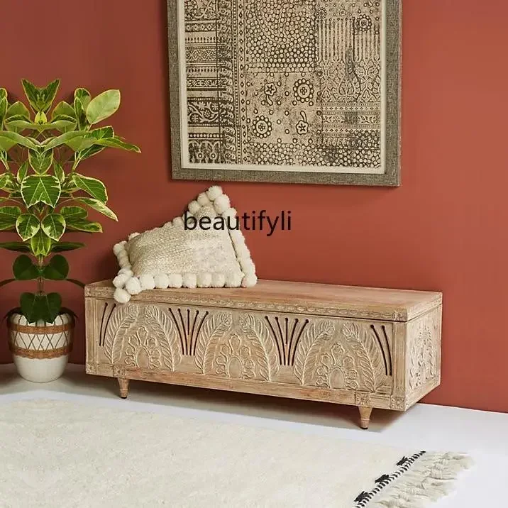 

l French country solid wood carving flower shoe stool American retro homestay log antique old decorative storage stool box