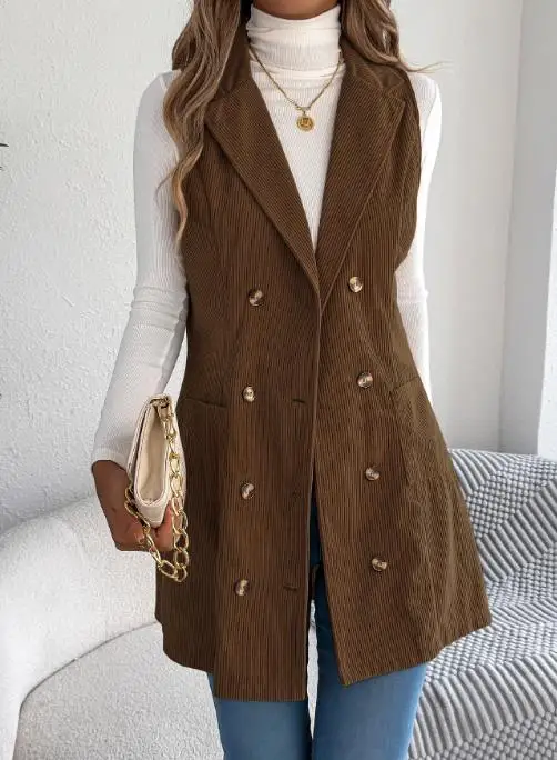 Autumn and Winter 2025 Solid Color Double Breasted Pocket Corduroy Vest, Women's Lapel Slim Fit Commuting Sleeveless Vest Jacket