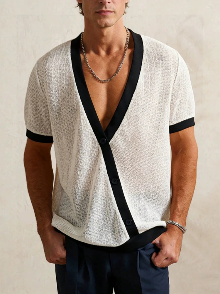 Daily Leisure Mens Short Sleeve Texture Shirts Summer Casual Breathable Loose Wrap V Neck Shirt Tops Men Vintage Patchwork Shirt