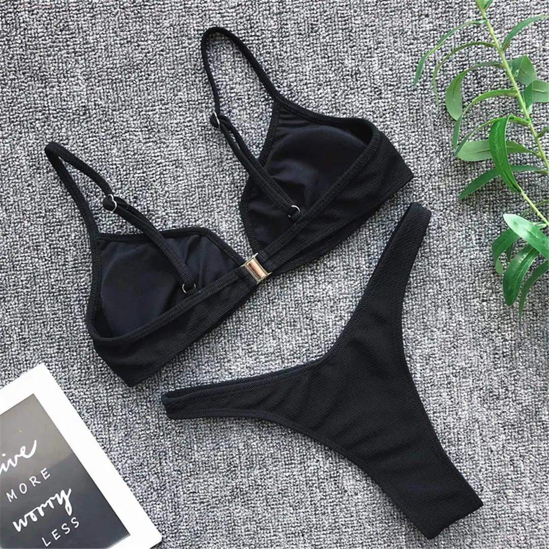5 Farben, sexy, gerippter Tanga-Bikini, V-Form, Damen-Badebekleidung, zweiteiliges Bikini-Set, hoch geschnittener Badeanzug, V1335 – Detail 27