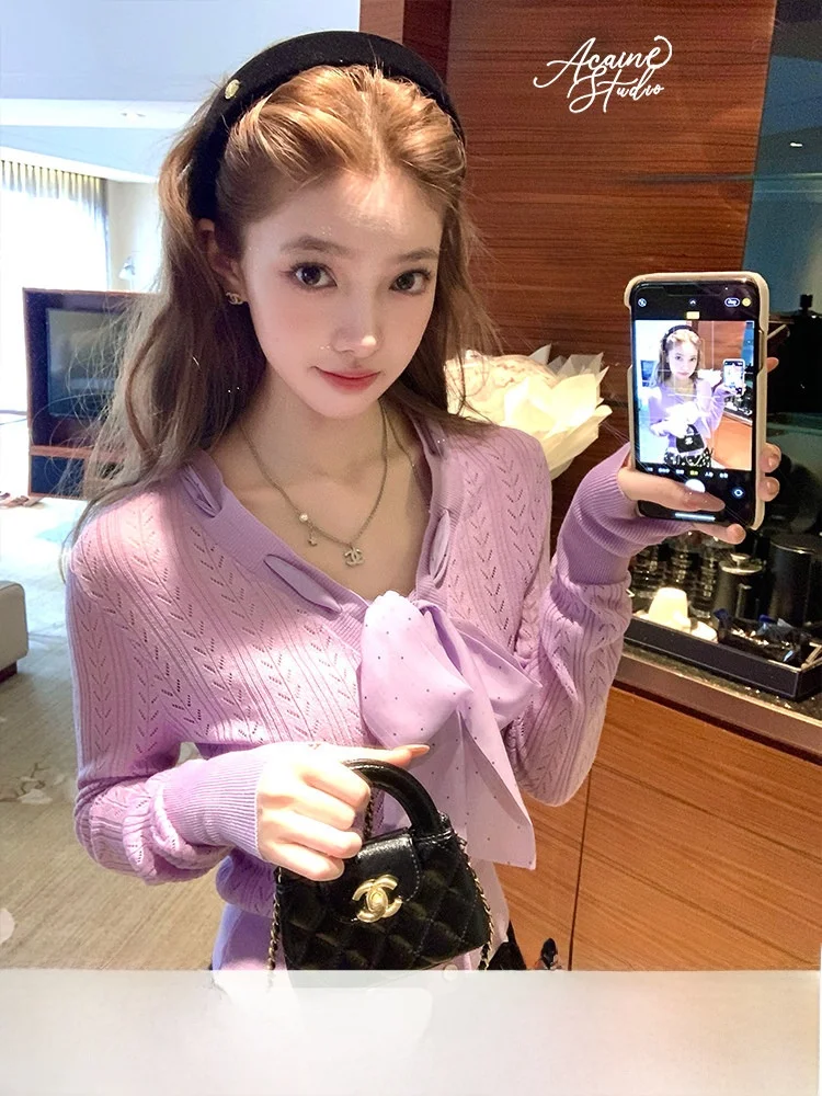 

Женский вязаный кардиган Acaine с длинными рукавами и V-образным вырезом, мягкий, универсальный, для многослойных образов, однотонный, осенний