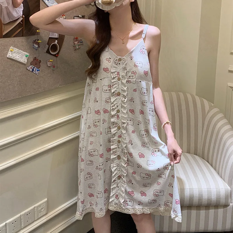 Kittys منامة دعوى سانريو Kawaii منامة فتاة طالب الصيف وسادة الصدر الحرير الجليد الحمالة سترة لطيف رقيقة ملابس المنزل