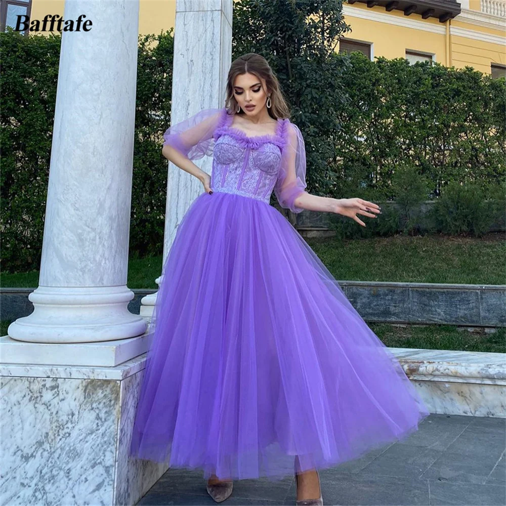 

Bafftafe Pruple Tulle Lace Ankle Length Prom Dresses Ruffle Sweetheart Puffy Half Sleeves Women Homecoming Party Evening Gowns