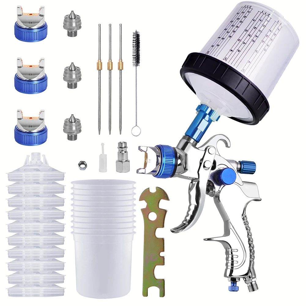 HVLP Spuitpistool 1.4/1.7/2.0mm Nozzle Zwaartekracht Airbrush Voor Auto Schilderen Tool 10 stuks 600 ml Geen Schone Wegwerp Maatbeker