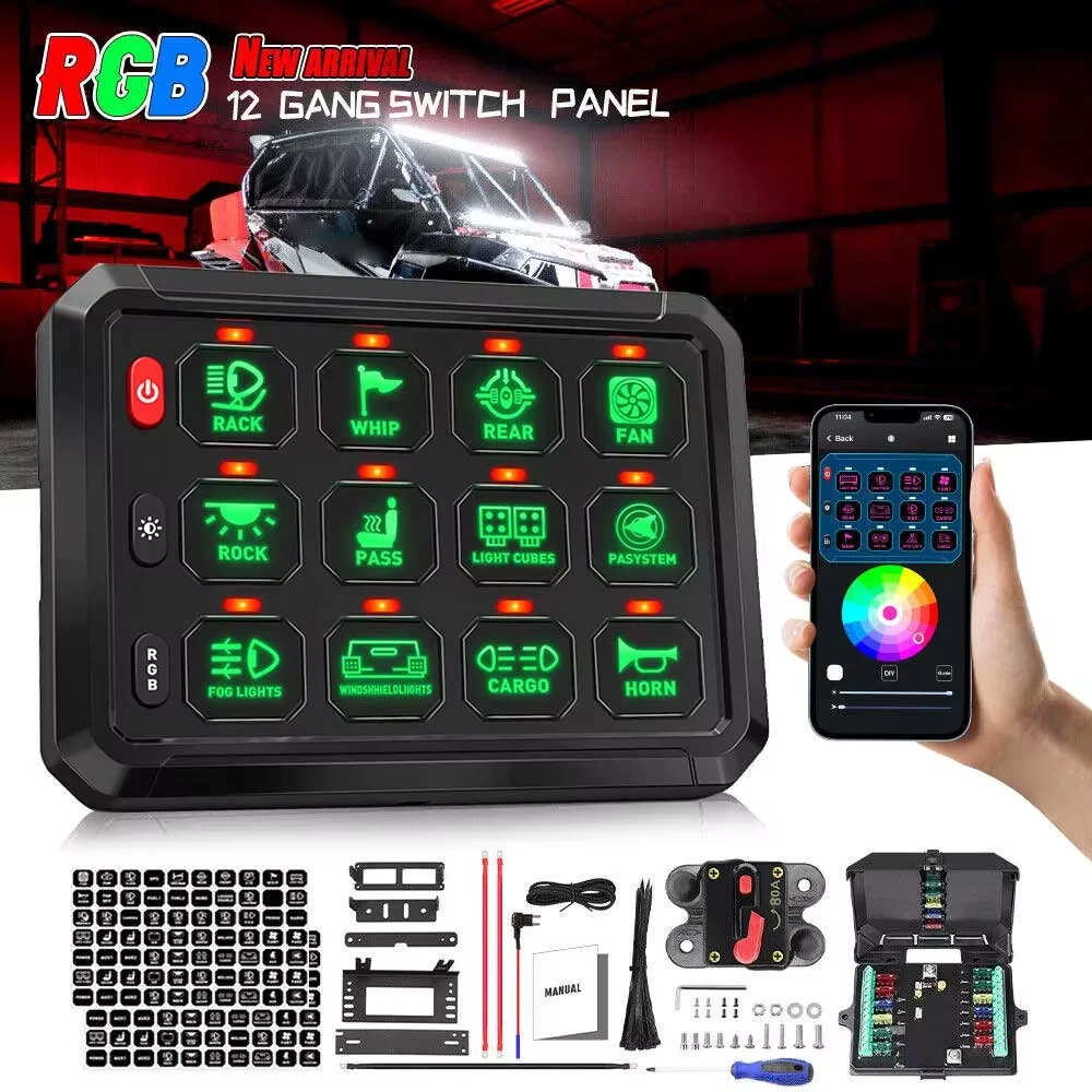 12 Gang RGB LED switch panel with application control multifunctional controller 12V-24V,  for Truck Car Boat Truck RV SUV