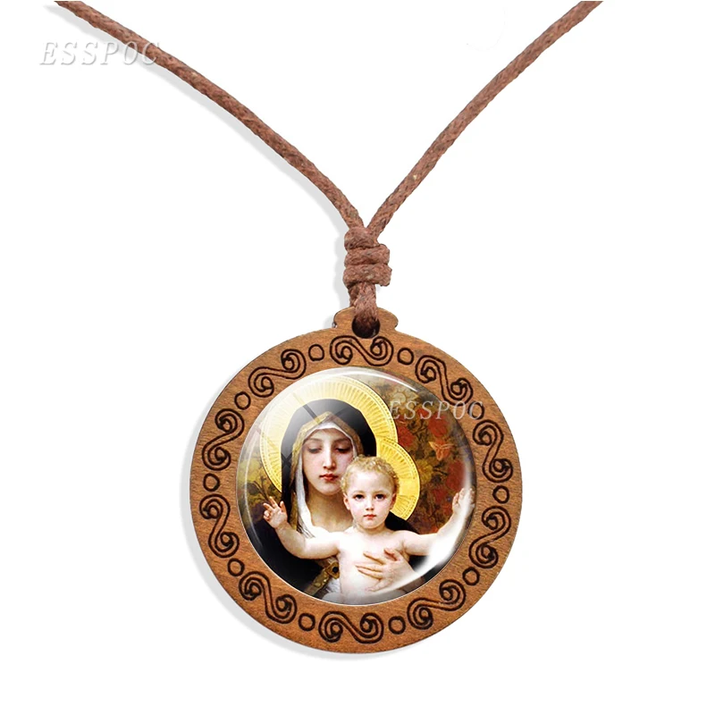 Son of God Jesus Wooden Necklace Virgin Mary Cabochon Glass Wood Pendant Christian Catholicism Jewelry Wax Rope Necklaces Gift