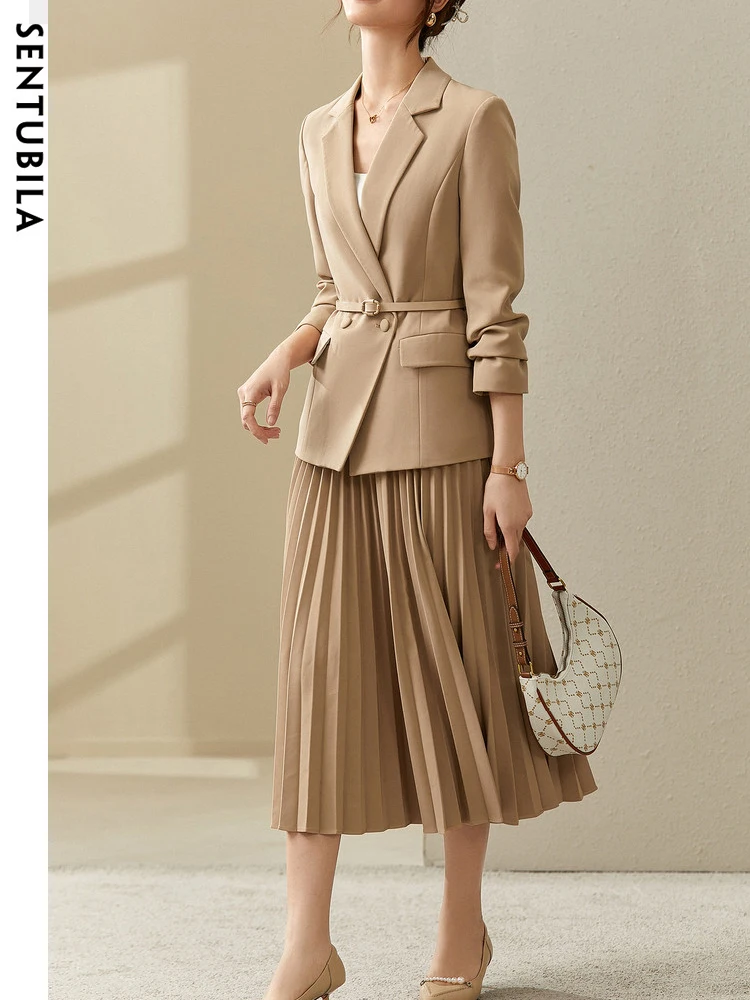 SENTUBILA Women Elegant Blazer Suit Set 2024 Spring Two Piece Outfits Blazer Pleated Skirt Office Business Work Wear 123Z43884X