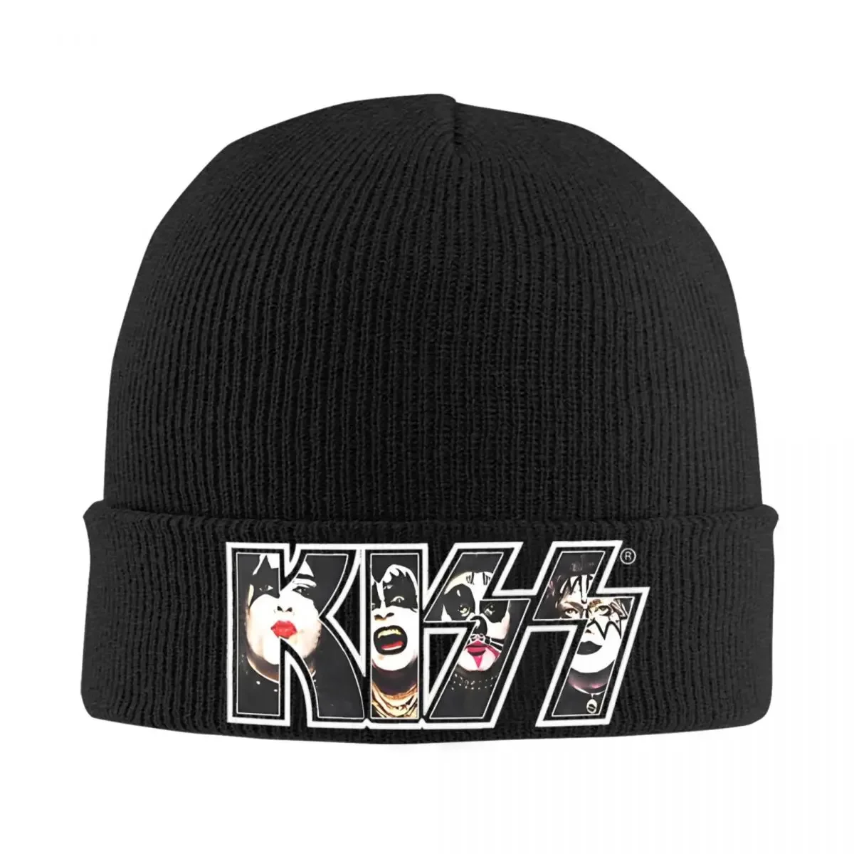 Kiss The Band Logo with Members Knitted Hat Beanies Winter Hat Warm Street Kiss Fan Art Kiss Band Music Caps for Men Women