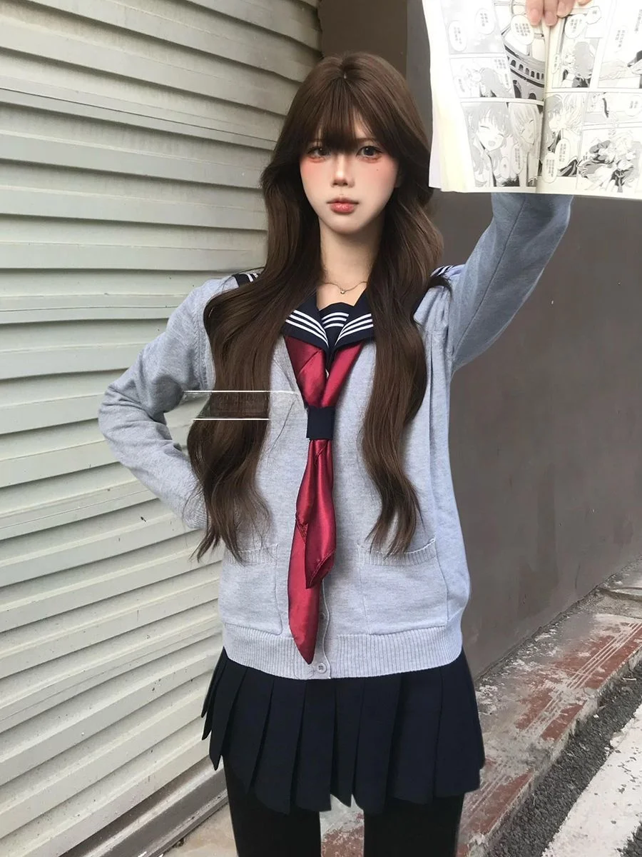 

Комплект: вязаный кардиган и юбка однотонного цвета в стиле JK для женщин, весна-осень, морской стиль