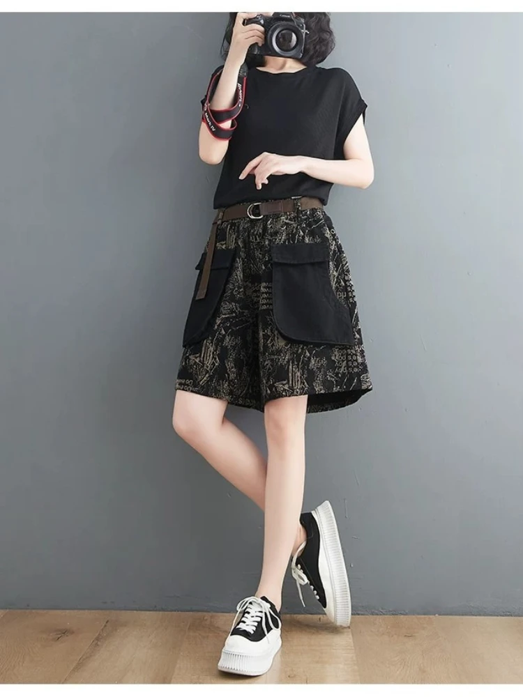 Shorts Retro Print Denim Women 2026 Summer New Loose Plus Unique Big Pockets Slimming Wide Leg Fashion Trendy Chic Jeans