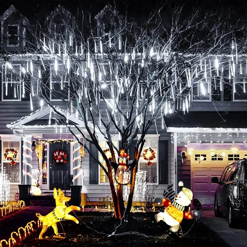 Solar Meteor Shower Tree Lights LED String 30CM8Tubes-50CM8Tubes IP54 Waterproof Warm White Blue Colorful 8 Modes Christmas LED