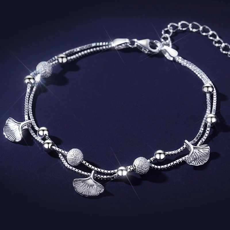 Evimi 925 Stamp Silver Color Bracelet For Women Girl Gift Double Layer Lucy Ginkgo Leaves Beads Autumn Jewelry Dropshipping