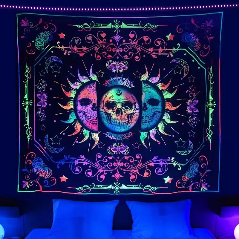 Sun Tapestry Blacklight Tapestry For Bedroom Skeleton Tapestry Aesthetic Trippy For Wall Decor Living Room Bedroom Dorm Home