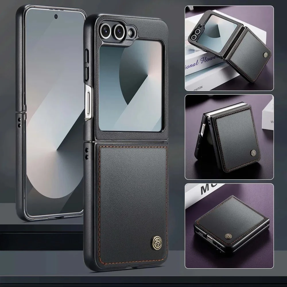

Flip Leather Phone Case for Samsung Galaxy Z Flip 6 RFID Lock Magnetic Closure Card Holder Stand Shockproof Cover capa
