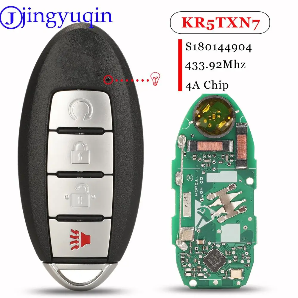

jingyuqin 4Buttons S180144904 KR5TXN7 Proximity Smart Remote Key Fob 433MHz 4A Chip For Nissan Pathfinder Titan Murano 2019-2021