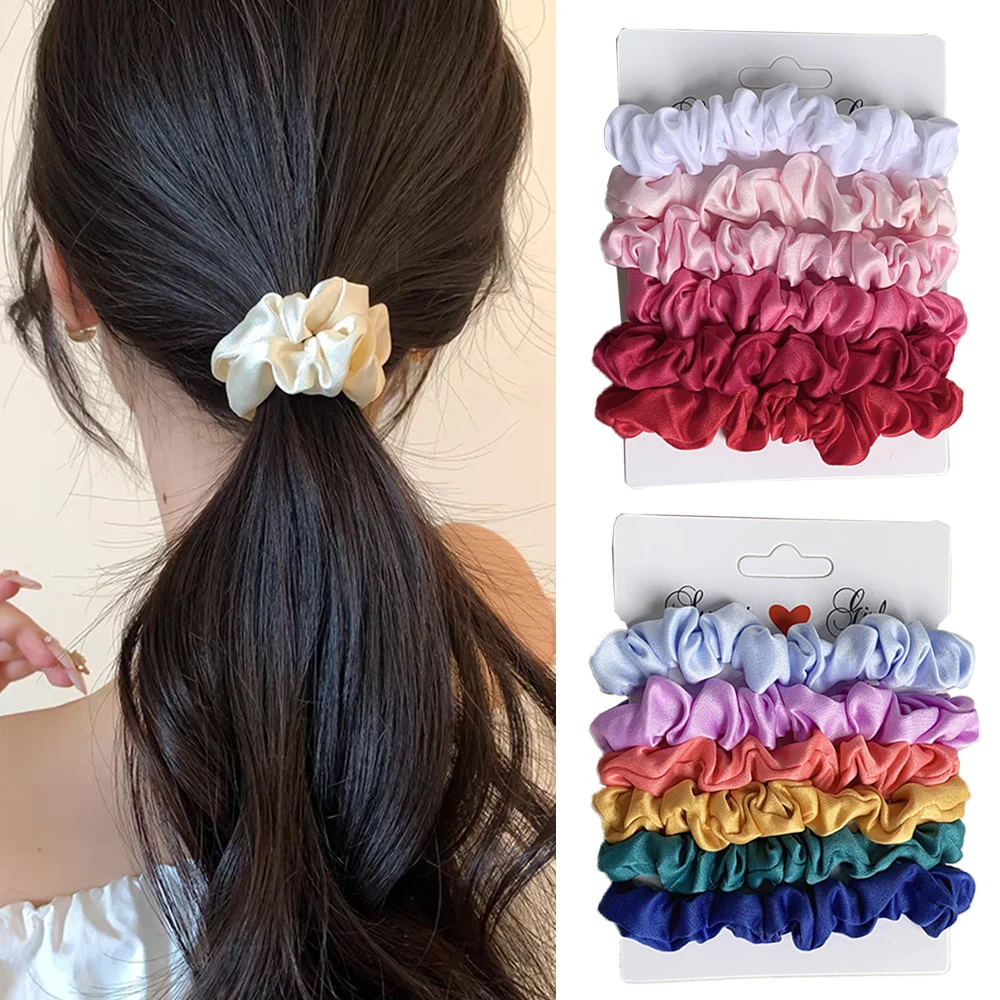 6pcs Pure Silk Skinnies Small Scrunchie Set Hair Bow Ties Ropes Bands Scrunchy Elastics Ponytail Holders for Women Girls