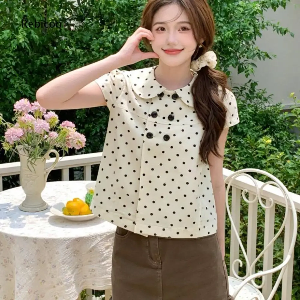 Peter Pan Collar Polka Dot Short Sleeve Shirt For Women Double Breasted Cropped Loose Blouse For Various Leisure Daily Occasions