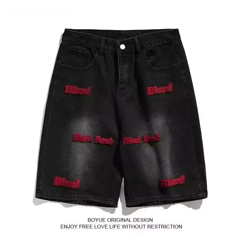

Мужские летние повседневные джинсовые шорты свободного кроя с вышивкой в американском стиле, универсальные брюки-капри для уличного стиля