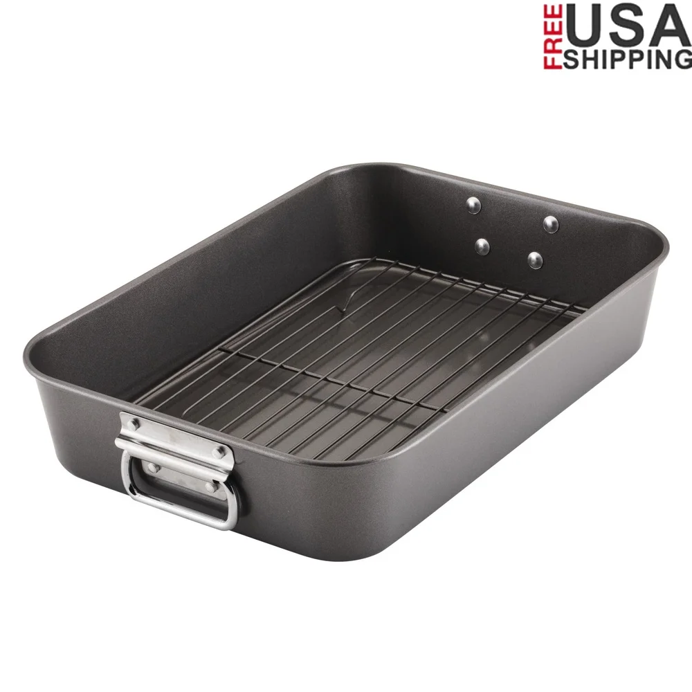 

Nonstick Steel Roasting Pan with Removable Rack Heavy Duty Oven Safe Easy Cleanup Ideal Meats Fish Vegetables 10.5x15 Inches