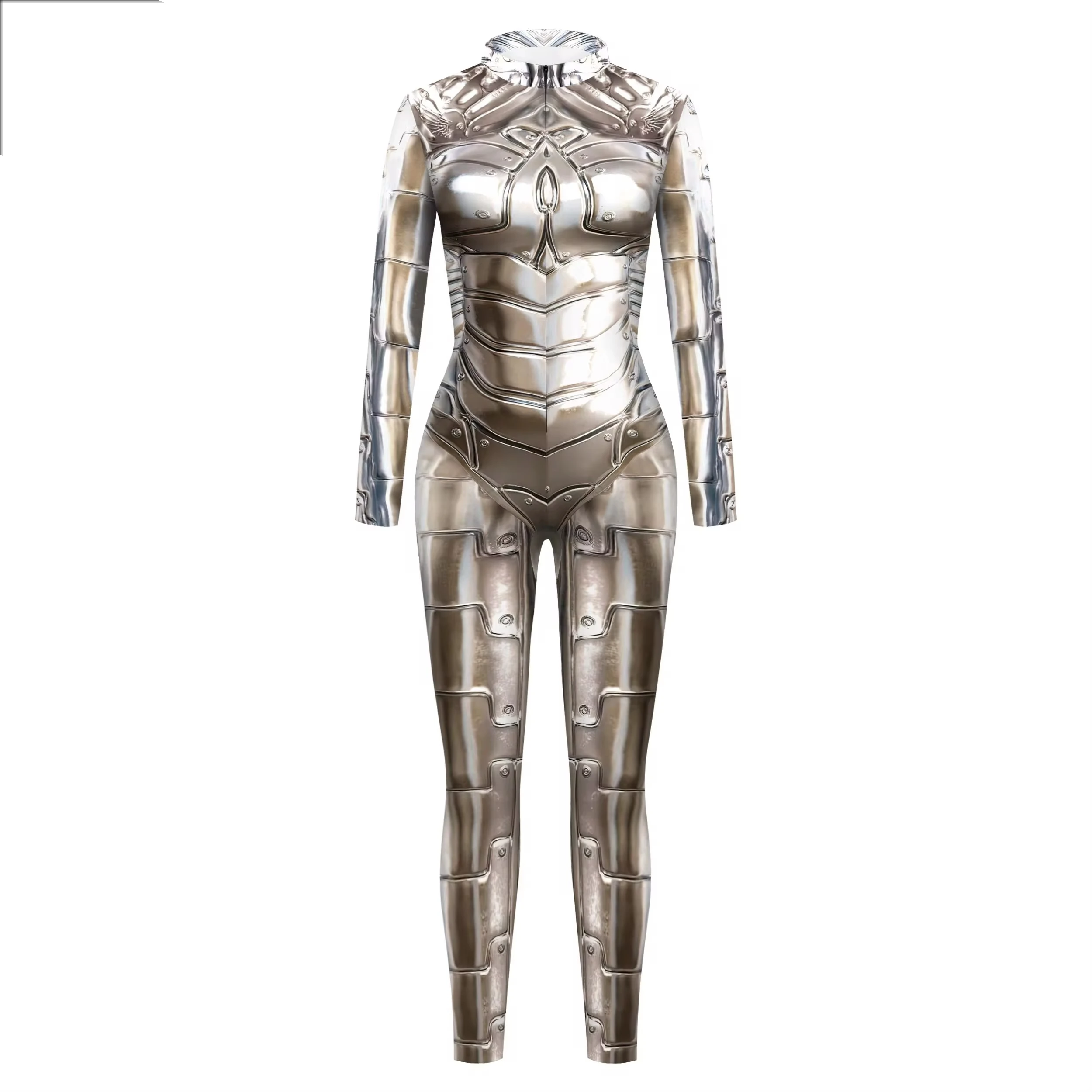 Silver Droid Printed Costume Men Robot Punk Cosplay Bodysuit Purim Carnival Halloween Zentai Suit Male Party Clothes 2024