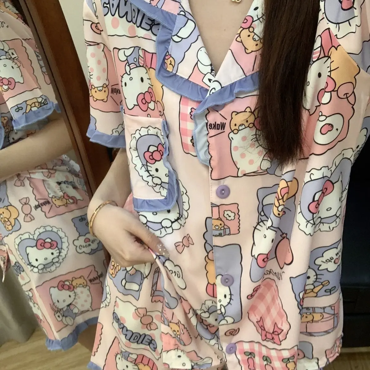 

Женский пижамный комплект Hello Kitty с кружевной отделкой, кардиган, свободный крой, большие размеры, милый, удобный, мягкий, для дома и сна