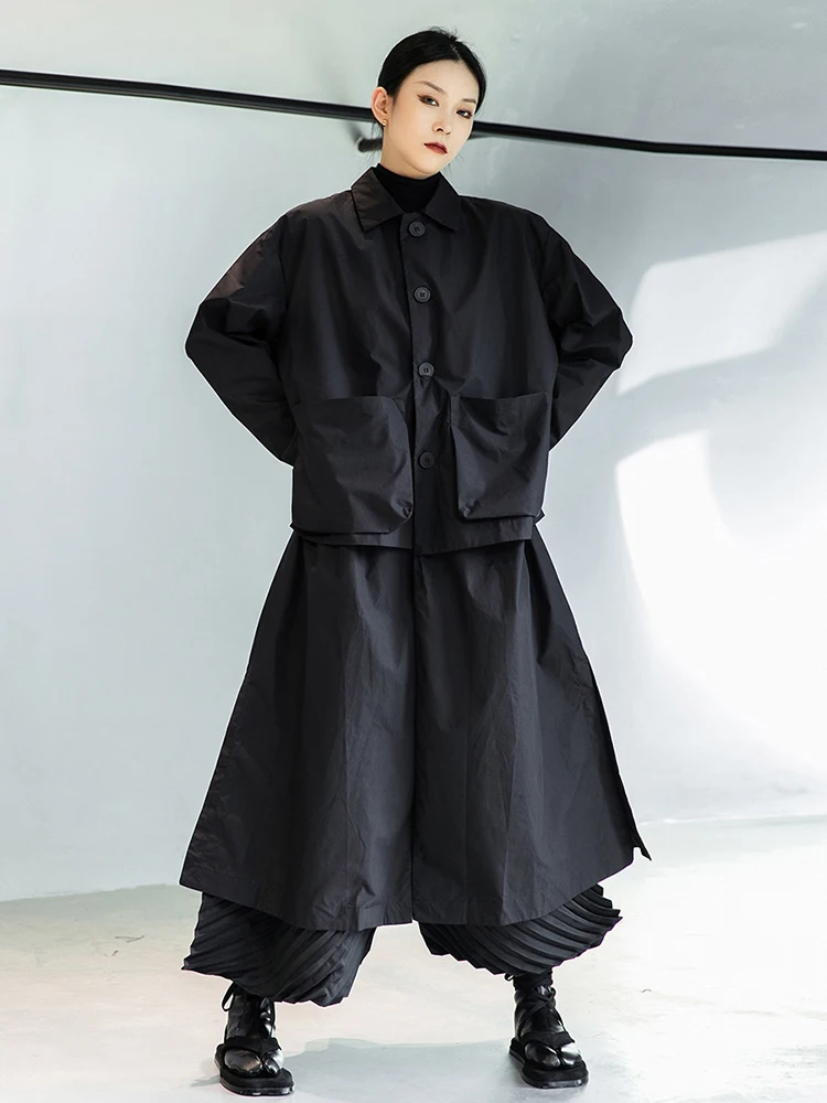 [EAM] Women Black Big Size Long Pocket Trench New Lapel Long Sleeve Loose Fit Windbreaker Fashion Spring Autumn 2024 1DE3081