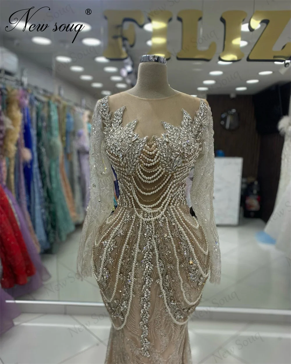 Haute Coutures-Vestidos de Noche de sirena champán, vestidos de fiesta de boda, vestidos de compromiso, mangas largas, árabe, Dubai, perlas, personalizado