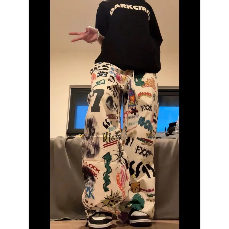 Graffiti Print Vrouwen Broek Chic Nieuwe Harajuku Trekkoord Wijde Pijpen Broek Losse Pantalones Joggingbroek Streetwear Koreaanse Y2k