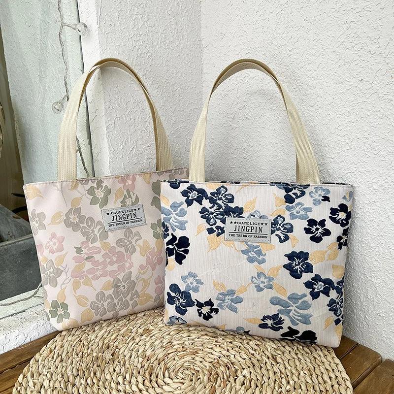 Saco de lona saco de cosméticos bolsa de ombro feminina casual bolsa estilo artístico impressão fresco pequeno saco de armazenamento de flores