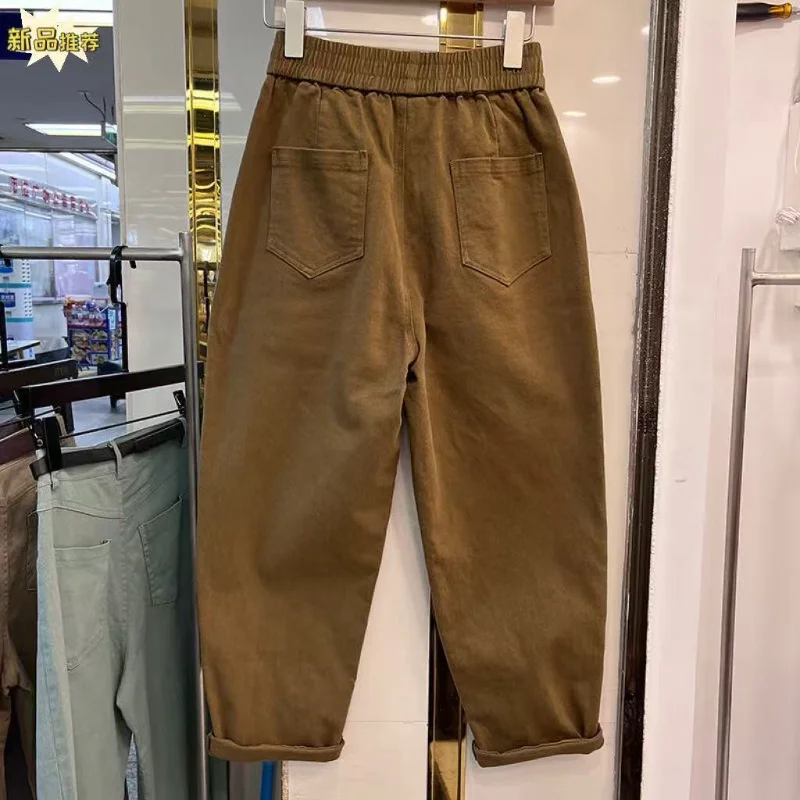 Nuevos pantalones informales de cintura alta para primavera y otoño, modernos y versátiles, cintura elástica, pantalones adelgazantes de nueve puntos
