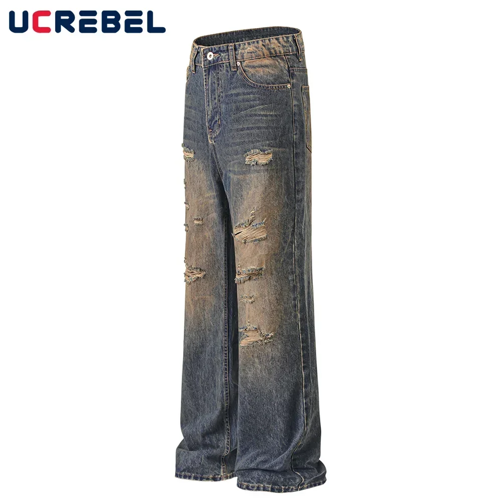 Washed Distressed Beggar Jeans Mens Ripped High Street Pocket Loose Wide Leg Denim Pants Men Trousers