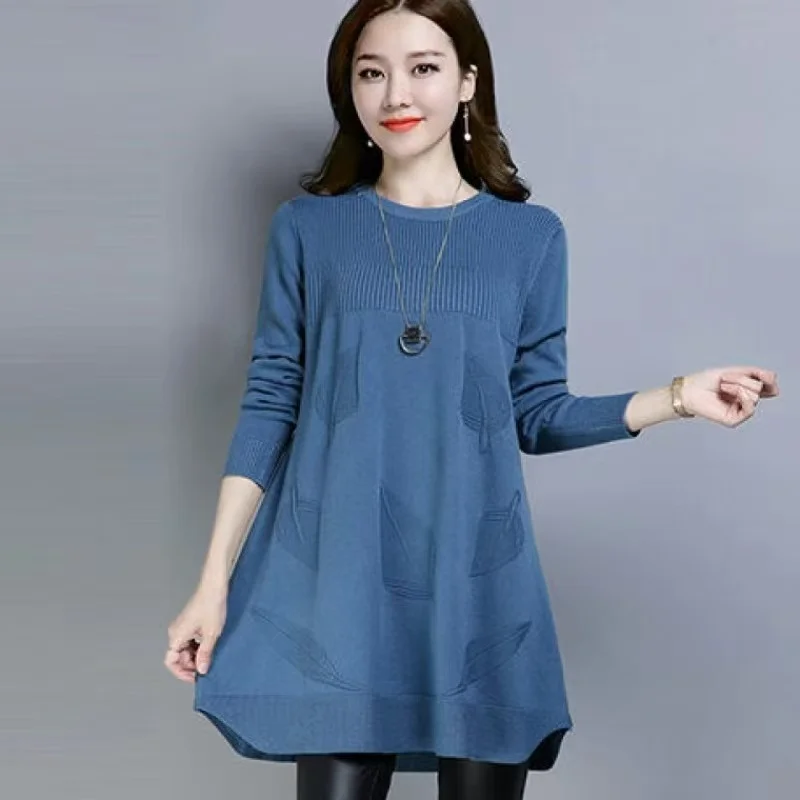 

Spring Autumn Women's Clothing Loose Short Sweater Dress Printed Vintage Middle Aged Mother Pullover Tops Winter Knitwear Blouse