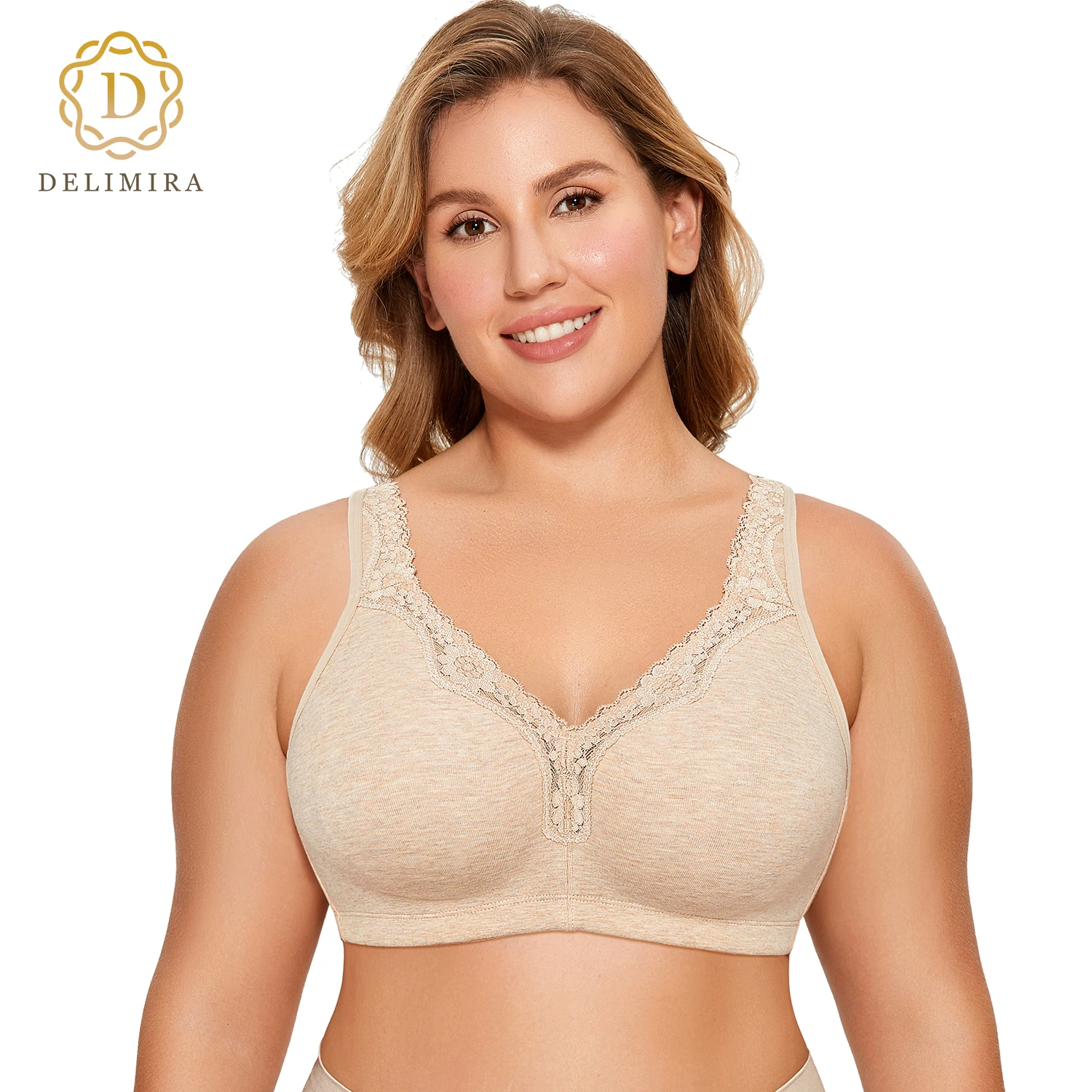 Delimira Women\'s Floral Lace Cotton Bra Plus Size Wire-Free Non-Foam Comfort Wide Straps Full Coverage Sleep Underswear