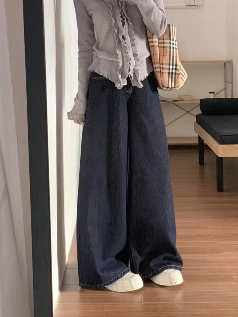 

Большие размеры, высокая талия, широкие брюки, американские джинсовые джинсы, женские свободные джинсы, повседневные синие прямые брюки длиной до пола