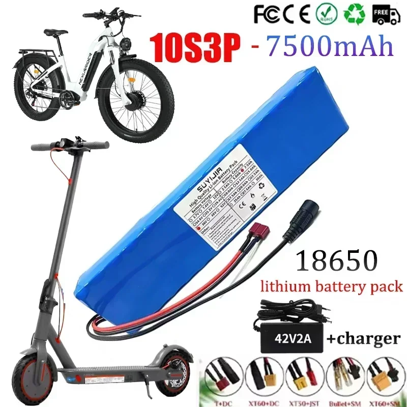 36V 10S3P 18650 Rechargeable Lithium Battery Pack 7500mAh BMS System1000W Stronger Power Suitable for Electric Scooter Bicicleta