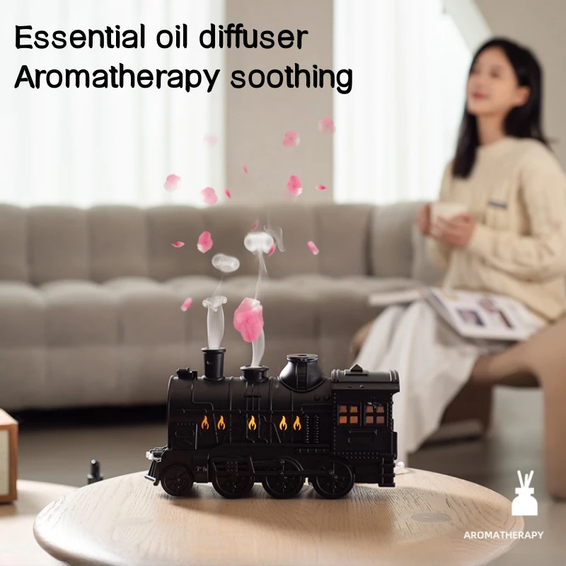 

Train Shape Aromatherapy Diffuser Desktop Essential Oils Difusor Smoke Ring Double Spray Ultrasonic Air Humidifier with LED Lamp