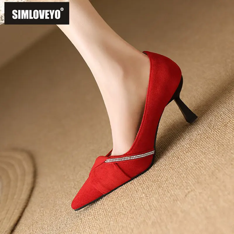 SIMLOVEYO Sexy Female Pumps 32 33 Pointed Toe Thin High Heels 7.5cm Slip On Flock Size 46 47 48 Shoes