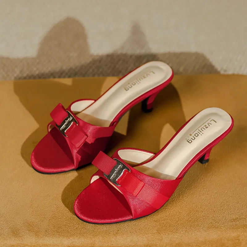 Lady Barefoot Casual Slides Metal Bow-Knot Silk Satin Thin High Heel Slides Front Open Toe Shoes 6cm Green Red Black Beige 45 9